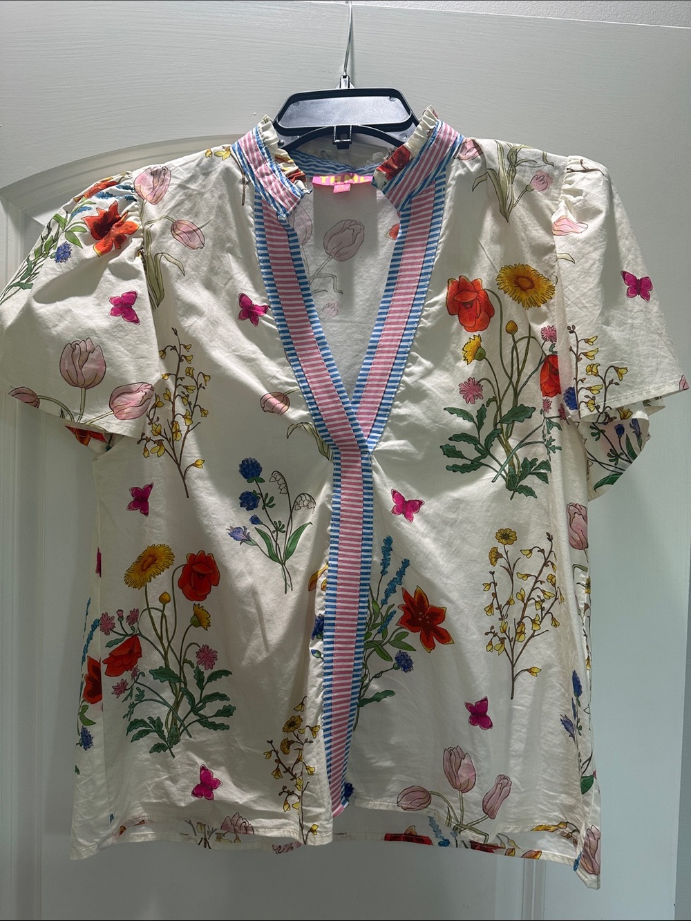 THML Cream Floral V-Neck Blouse with Pink & Blue Trim